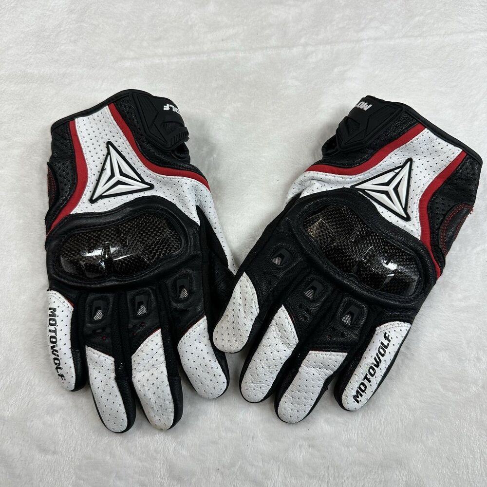 Motowolf 0305 Motorcycle Gloves Mens M Leather Carbon Knuckle Riding Black Red